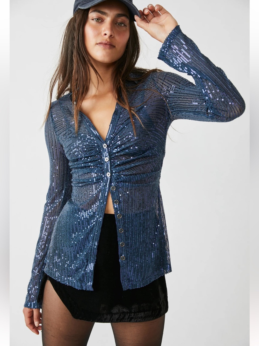 Free People Sequin Shirtee Button Down Top Varsity Navy Blue XS NWT